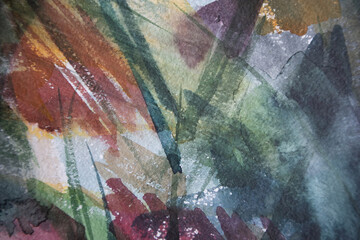 Abstract dim shades scuffed hand painted background. Smudges, wet multicolor spots on grunge abraded surface. Watercolor dirty colors. Contemporary art.