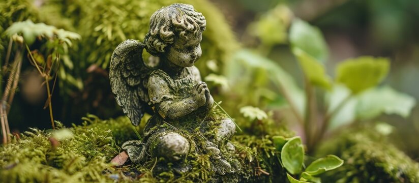 Clay figurines displayed in natural forest setting an angel covered with moss. Creative Banner. Copyspace image