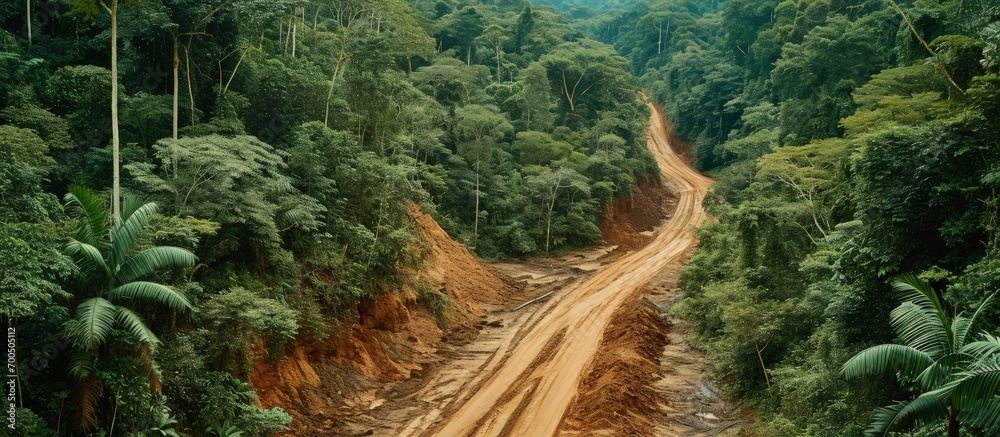 Wall mural aerial view of amazon rainforest deforestation illegal gold mine and pc tractor mercury contaminated