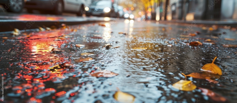Poster asphalt road after the rain and crosswalk with reflections vertical photo of wet empty street. creat