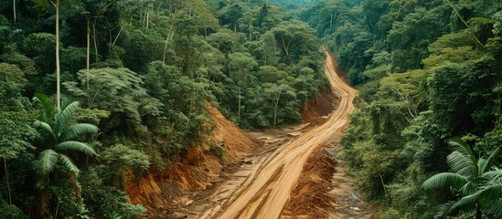 Aerial view of Amazon Rainforest deforestation illegal gold mine and PC tractor mercury contaminated river water from mining forest trees and dirt road used by loggers in logging activity Brazi
