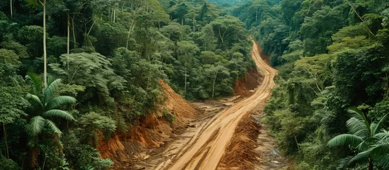 Photo sur Plexiglas Brésil Aerial view of Amazon Rainforest deforestation illegal gold mine and PC tractor mercury contaminated river water from mining forest trees and dirt road used by loggers in logging activity Brazi