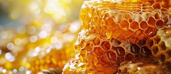 appetizing delicious natural honey in wax combs flows out of honeycombs pieces of honey in honeycombs. Creative Banner. Copyspace image - obrazy, fototapety, plakaty
