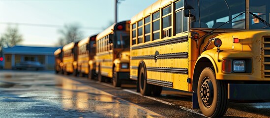 Buses at the school waiting for the kids to get on. Creative Banner. Copyspace image