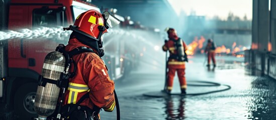 Fototapeta premium Confident male firefighter spraying water while practicing with colleague at fire station. Creative Banner. Copyspace image