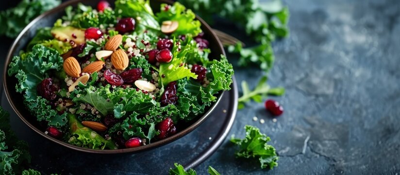 Healthy raw kale and quinoa salad with cranberry and almonds. Creative Banner. Copyspace image