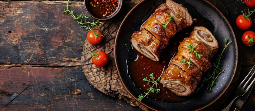 Beef roulades with onion mustard pickle bacon filling and delicious brown gravy. Creative Banner. Copyspace image