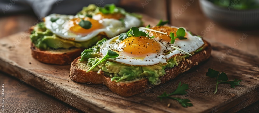 Poster eggs on toast with avocado served for breakfast. creative banner. copyspace image
