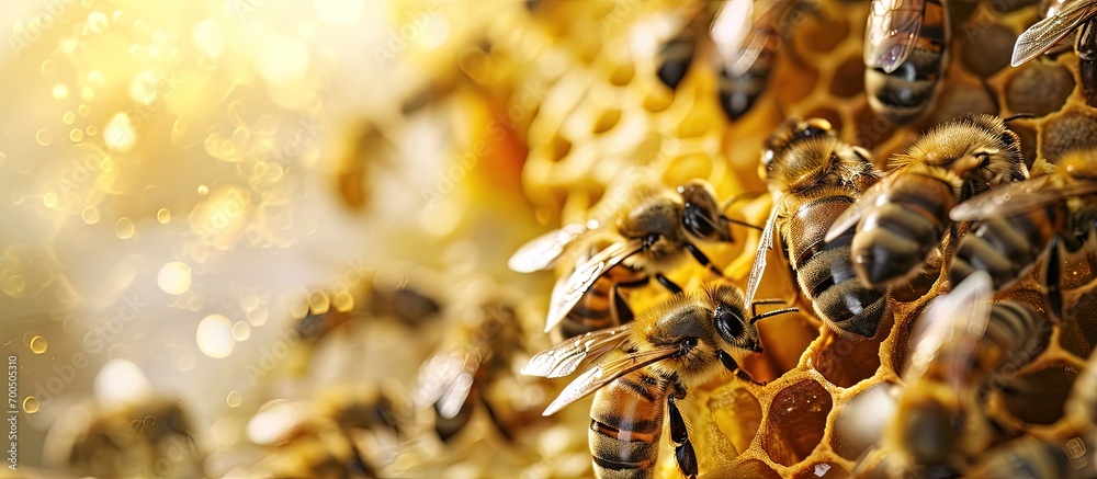Poster honey bees showing the process of honey production in a hive where the frames are filled with this wonderful product. Creative Banner. Copyspace image