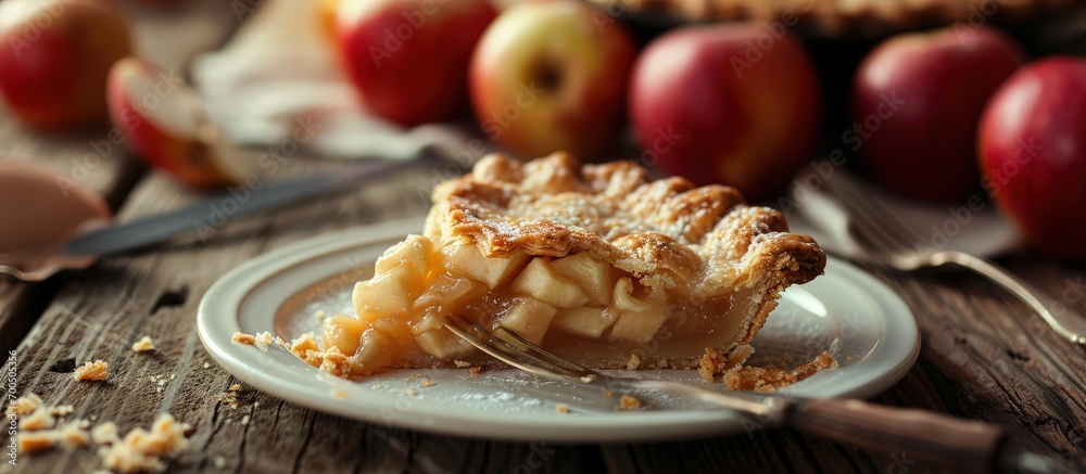 Poster homebaked apple pie slice with apples in the background. creative banner. copyspace image