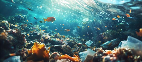 A plastic bottle floats in the Pacific Ocean Plastics break down into tiny pieces which enter the food chain and can be harmful to many species including humans. Creative Banner. Copyspace image - obrazy, fototapety, plakaty