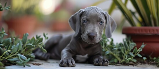 A Weimaraner puppy pooping outside in front of potted plants while looking at the camera. Creative Banner. Copyspace image