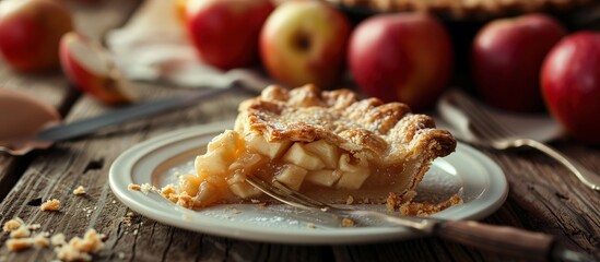 homebaked apple pie slice with apples in the background. Creative Banner. Copyspace image - obrazy, fototapety, plakaty