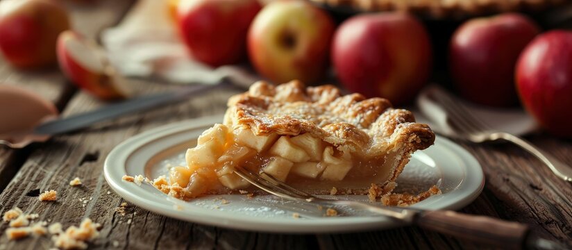 homebaked apple pie slice with apples in the background. Creative Banner. Copyspace image