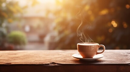 Latte, coffee or cappuccino mug on wooden table in a cafe, beautiful with natural light, vintage tones, food and drink. Copy space for text banner - obrazy, fototapety, plakaty
