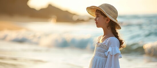 girl dressed in her first communion outfit on the beach. Creative Banner. Copyspace image - obrazy, fototapety, plakaty
