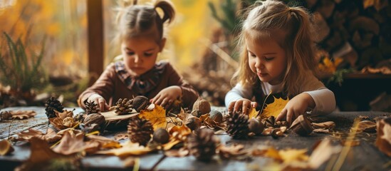 autumn crafts from natural materials for children create art for kids DIY little fairy made of cones leaves nuts and acorns complexities and problems of manufacturing and fantasy. Creative Banner - obrazy, fototapety, plakaty
