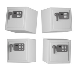 Set of white safe with lock on transparent background, PNG, 3d render safe, white safe