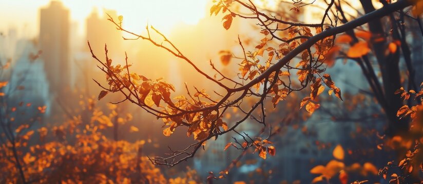 majestic autumn sunset over the city among the branches. Creative Banner. Copyspace image