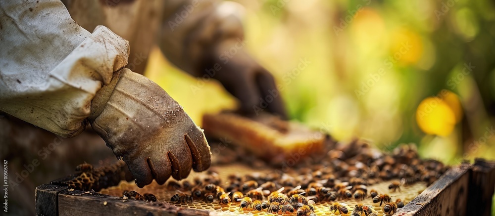 Aufkleber Beekeeper removing honeycomb from beehive Person taking honey from hive Farmer working with honeycomb in apiary Beekeeping in countryside Organic farming honeycomb in the hands of a close up