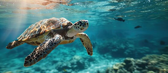 Obraz premium Green sea turtle in blue sea water tropical tortoise swimming underwater. Creative Banner. Copyspace image