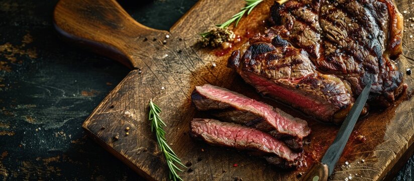 Grilled ribeye beef steak on a cutting board Cut beef steak sliced. Creative Banner. Copyspace image