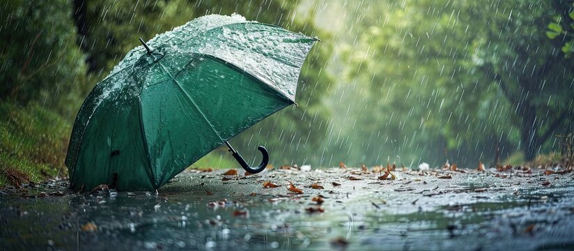 Broken green umbrella in park on rainy day with hail. Creative Banner. Copyspace image