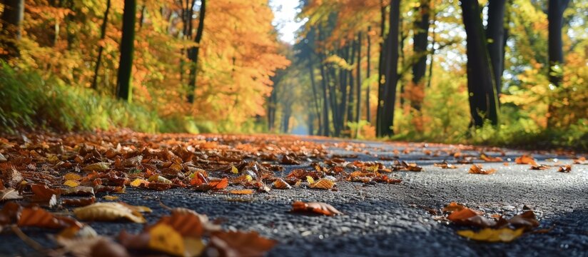 Asphalt road with fallen leaves inl autumn forest Focus on foreground. Creative Banner. Copyspace image