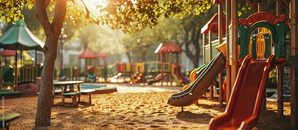 Poster An image of a colorful children playground without children. Creative Banner. Copyspace image