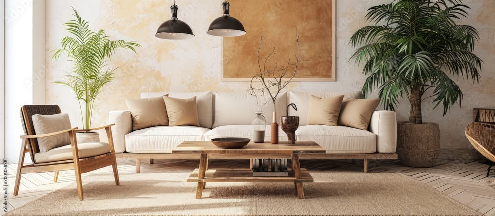 Aufkleber light living room with window coffee table and large sofa. creative banner. copyspace image