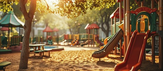 An image of a colorful children playground without children. Creative Banner. Copyspace image - Powered by Adobe