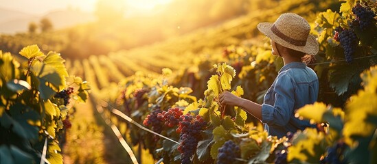 Back view a woman with long hair of mixed race in a straw hat stands in the vineyards holding a glass of wine and grapes Tourist autumn season harvest agriculture yellow Brazilian summer mood - obrazy, fototapety, plakaty