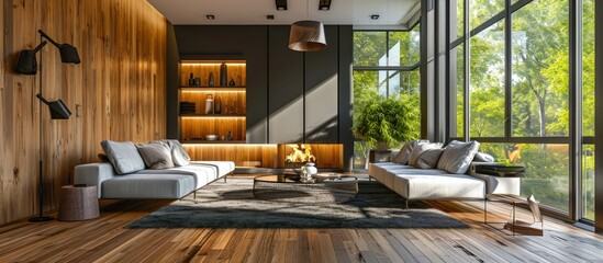 Beautiful living room with hardwood floors and fireplace in new luxury home. Creative Banner. Copyspace image - obrazy, fototapety, plakaty