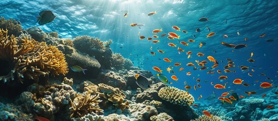 Low angle of school of fish swimming under sea water near massive coral reefs on sunny day. Creative Banner. Copyspace image