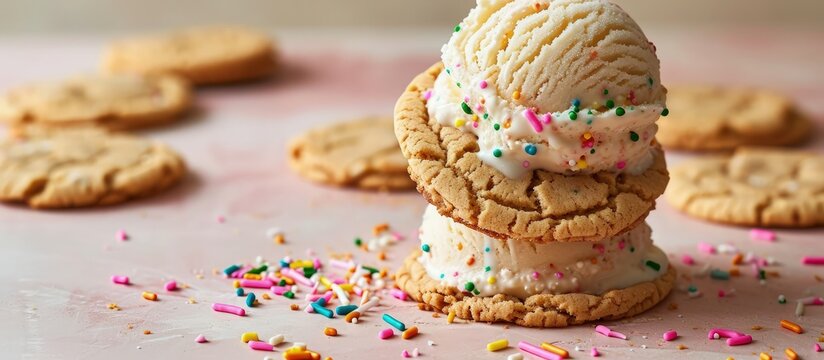 Ice cream sandwiches with vanilla ice cream and peanut butter cookies and sprinkles. Creative Banner. Copyspace image