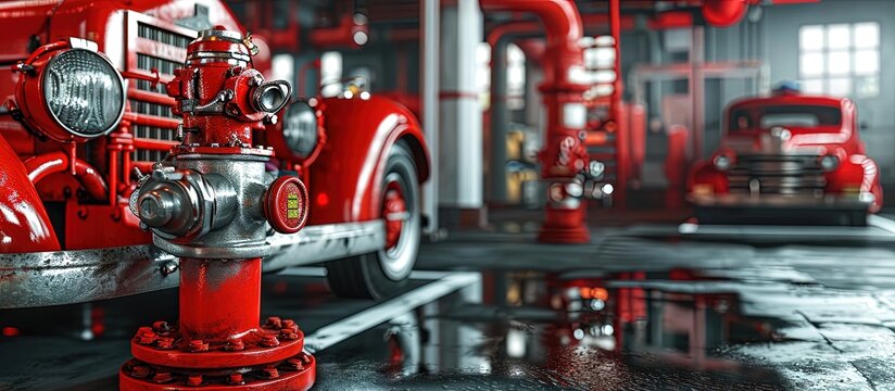 a silver colored fire hydrant with red valves and other fire equipment lies in fire car red extinguisher. Creative Banner. Copyspace image