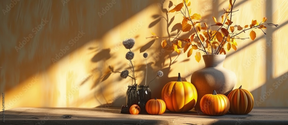 Poster a minimalist autumn landing on a brown table and shadows on the wall. creative banner. copyspace ima