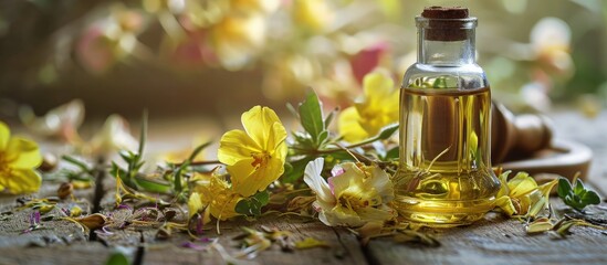 A glass bottle with capsules of evening primrose oil spilled on a table with blooming Oenothera biennis plant in the background. Creative Banner. Copyspace image