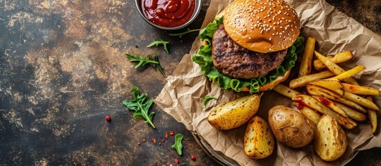Burger ingredients overhead flat lay shot with French fries and a barbecue sauce Hamburger and...