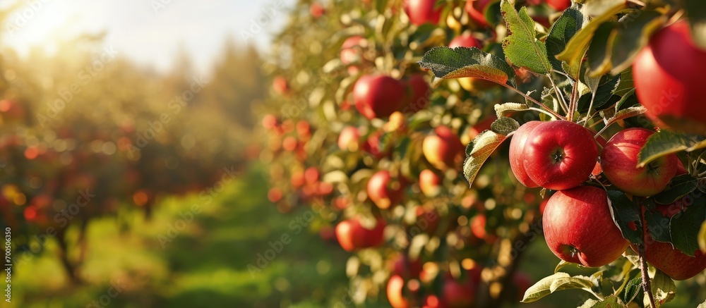Poster apple trees in an orchard with ripe apples ready for harvest. creative banner. copyspace image
