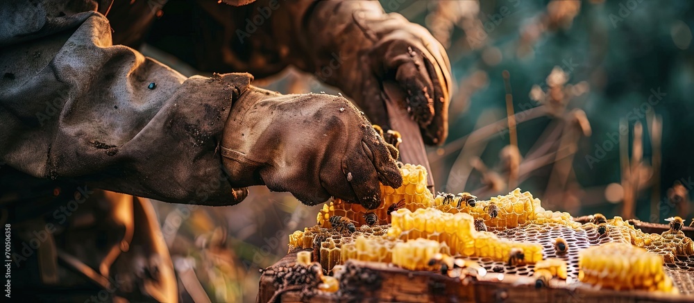 Poster Beekeeper removing honeycomb from beehive Person taking honey from hive Farmer working with honeycomb in apiary Beekeeping in countryside Organic farming honeycomb in the hands of a close up
