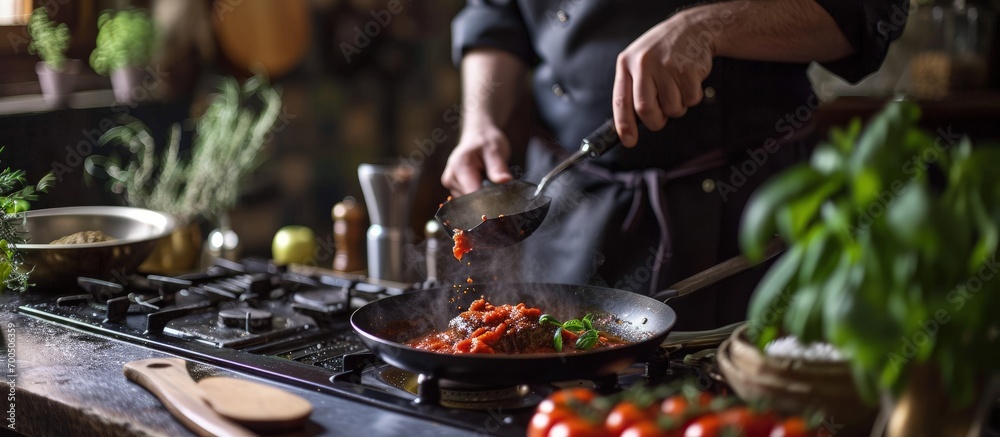 Poster chef puts tomato paste from tube into pan with meat on gas stove. creative banner. copyspace image