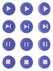 Set of blue media player buttons, PNG, transparent background, 3d render media player buttons