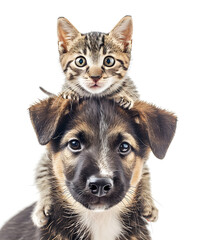 Portrait of a cute cat on the adorable pet dog. Concept of national pet day.