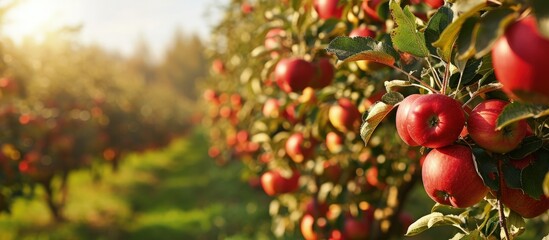 Apple trees in an orchard with ripe apples ready for harvest. Creative Banner. Copyspace image
