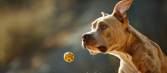 A fawn colored Pit Bull Terrier mixed breed dog about to catch a treat in the air. Creative Banner. Copyspace image