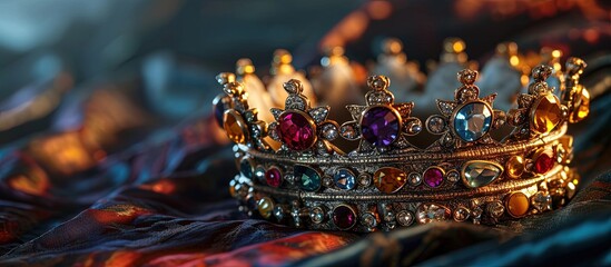 Beautiful jewel crown with ruby and diamond stones on velvet with color and blur effects Jewelry crown decoration item. Creative Banner. Copyspace image - obrazy, fototapety, plakaty