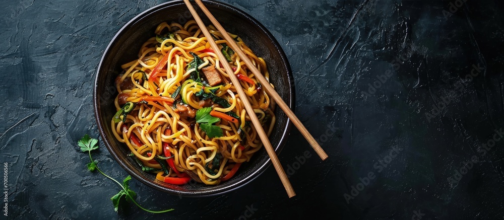 Poster japanese food vegetable noodles in teriyaki sauce served in a bowl with chopsticks on the side. crea