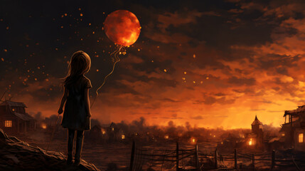 Painting of a girl watching a balloon flying