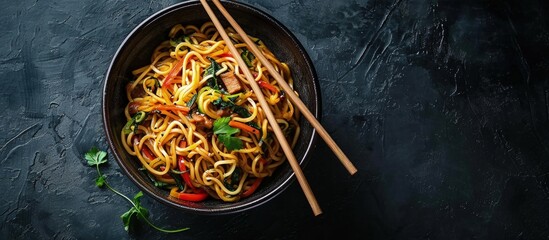 Japanese food vegetable noodles in Teriyaki sauce served in a bowl with chopsticks on the side. Creative Banner. Copyspace image